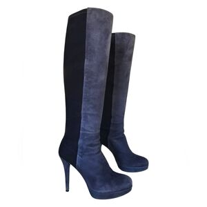 STUART WEITZMAN Skyline Gray Suede Black Sock Platform Heel Boots 7.5M
